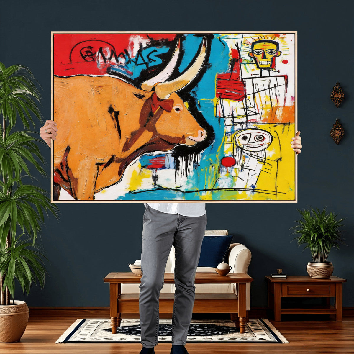 Basquiat Style Bull Graffiti Wall Art Canvas Print, Street