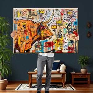 Basquiat Style Bull Graffiti Wall Art Canvas Print, Street