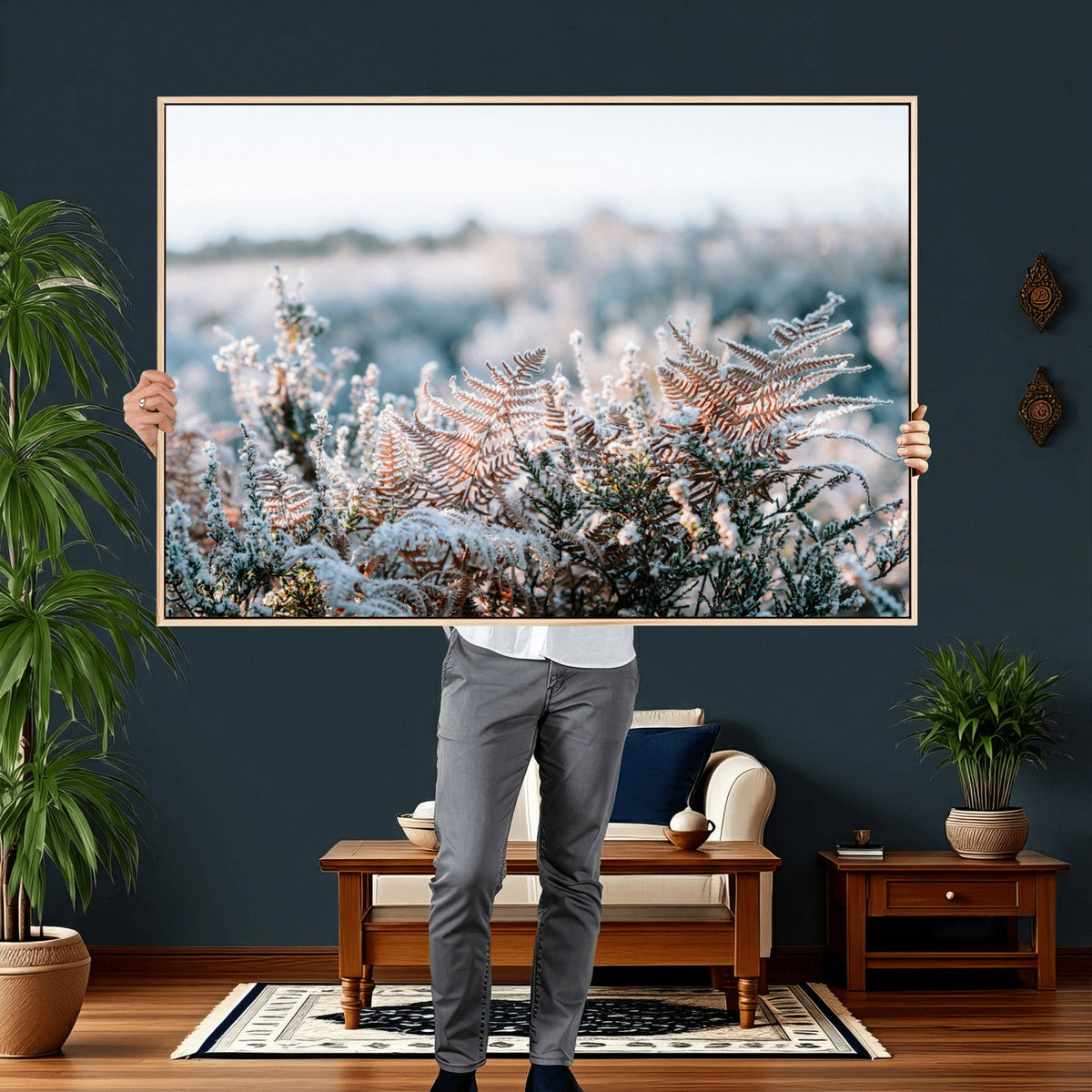 Frosted Fern Wall Art Canvas Print, Soft Winter Botanical