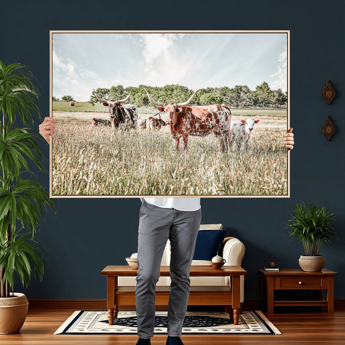 Texas Longhorn Cattle Wall Art Canvas Print, Rustic Ranch
