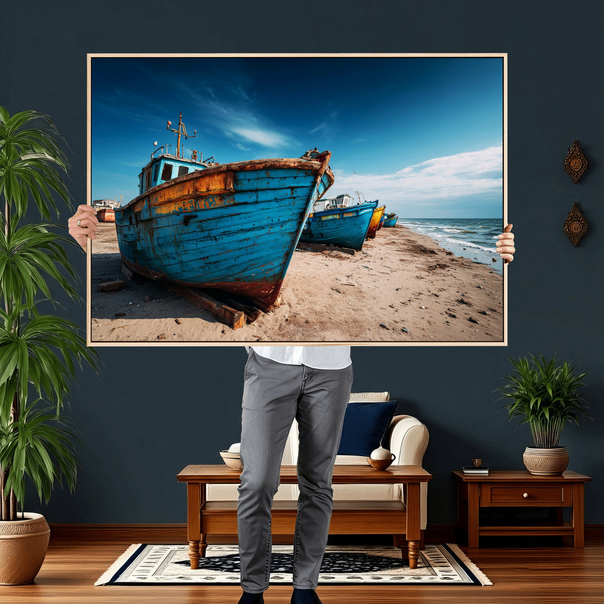 Coastal Fishing Boats Wall Art Canvas Print, Sunset Beach