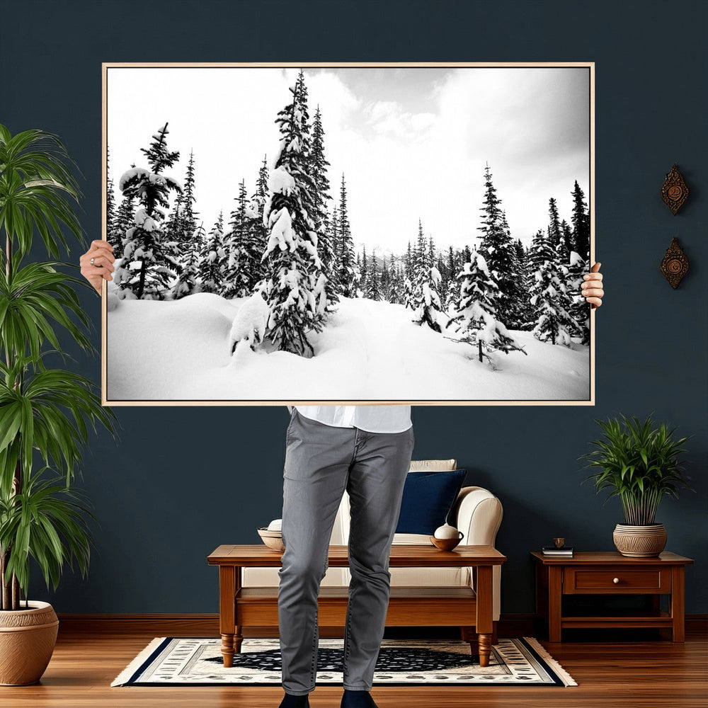 Black and White Snowy Pine Forest Wall Art Canvas Print,