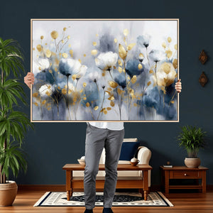 Large Abstract Flowers Wall Art Canvas Print – Gold and Blue