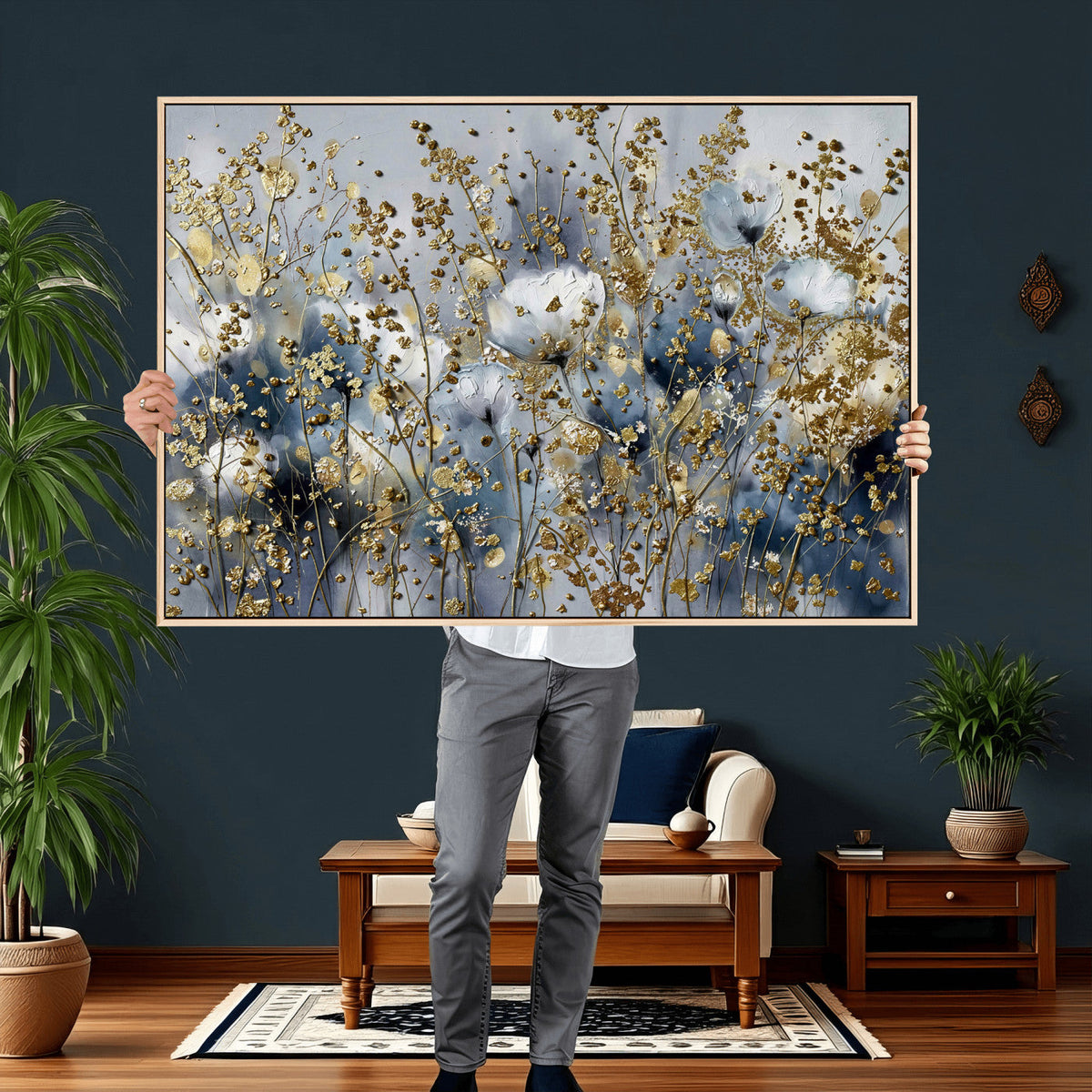 Abstract Floral Wall Art Canvas Print – Gold and Blue