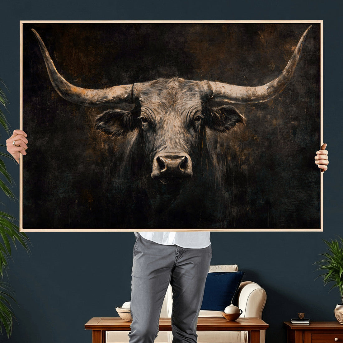 Vintage Longhorn Bull Wall Art Canvas Print – Rustic Western