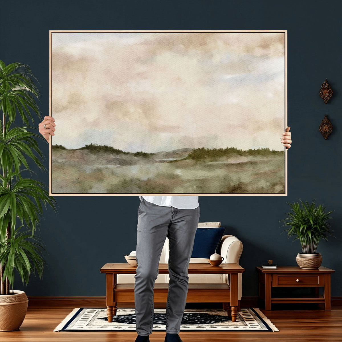 Muted Watercolor Hill Landscape Print — Beige Taupe Cloudy