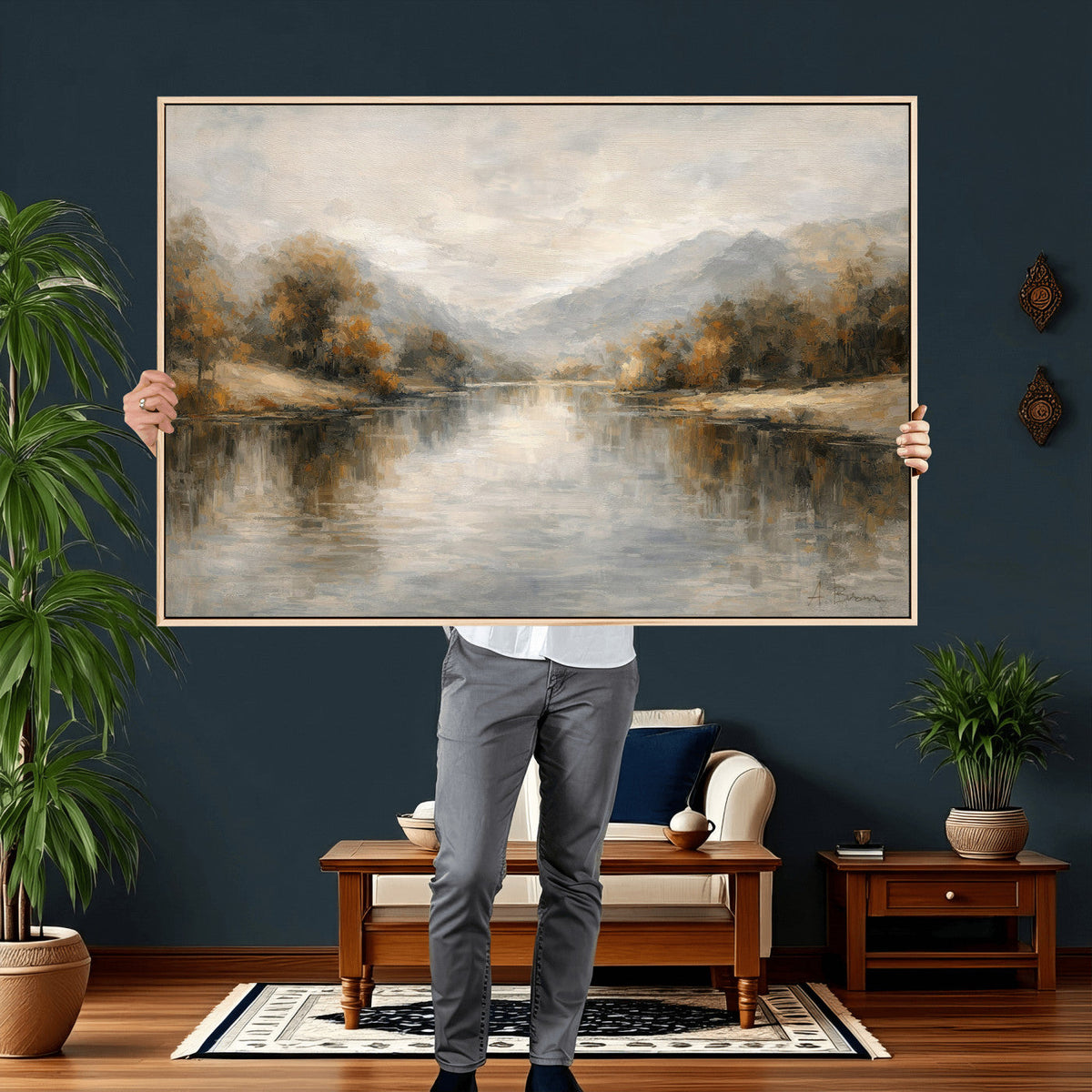Neutral Abstract River Landscape Wall Art Canvas Print