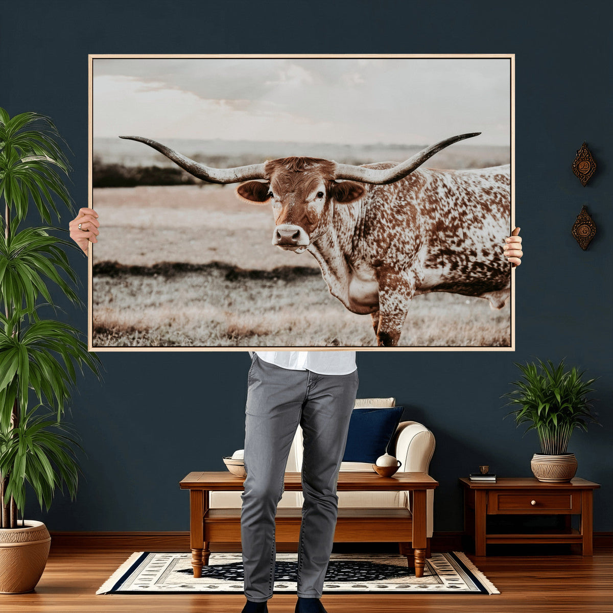 Texas Longhorn Bull Rustic Wall Art Canvas Print