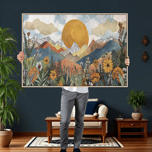 Boho Mountain Landscape Large Wall Art, Horizontal Gold