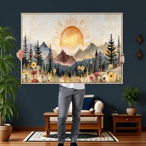 Boho Mountain Landscape Large Wall Art, Horizontal Gold