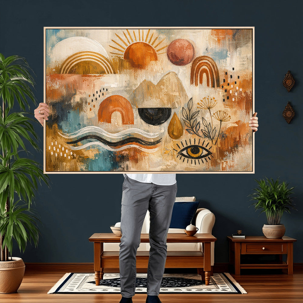 Geometric Boho Abstract Wall Art Canvas Print, Orange Blue