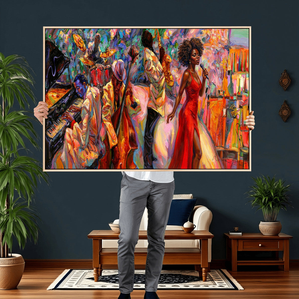 African American Jazz Singer Canvas Art — Red Dress Black