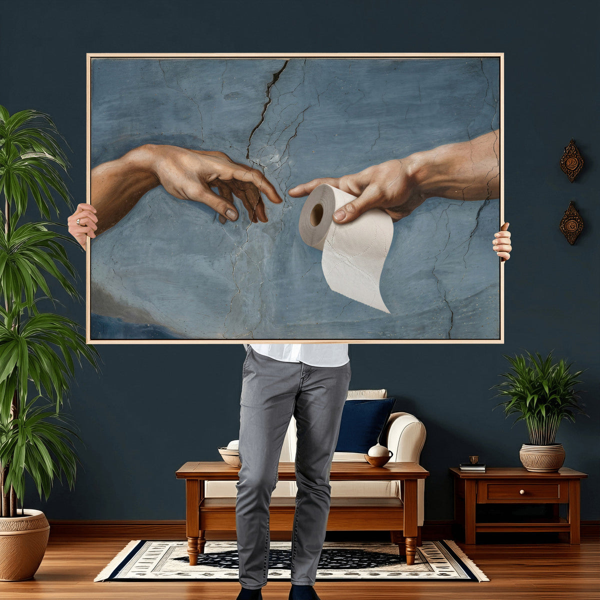 Funny Bathroom Canvas Wall Art, Michelangelo Creation of