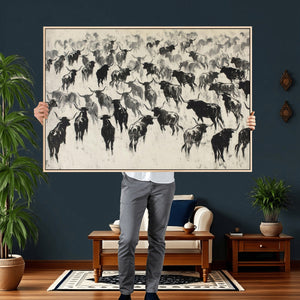 Longhorn Cattle Canvas Wall Art, Black White Stampede Ink