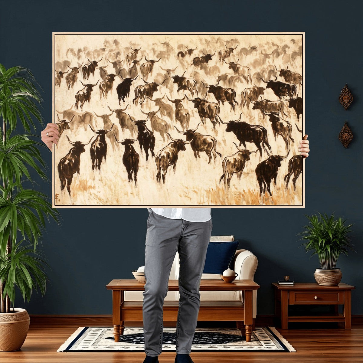 Texas Longhorn Sepia Canvas Wall Art, Western Cattle