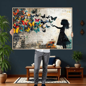 Banksy Butterfly Girl Wall Art Canvas Print, Framed Street