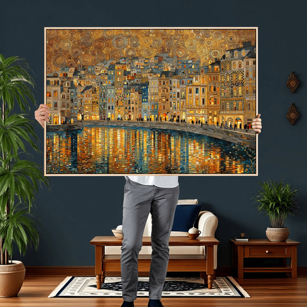 Gustav Klimt Golden Cityscape Wall Art Canvas Print, Framed