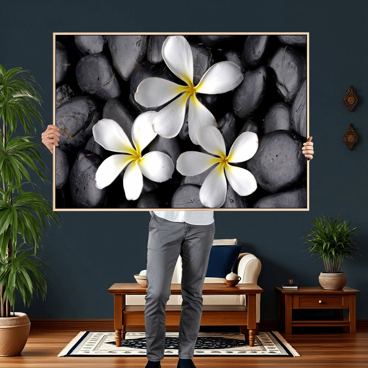 Plumeria Frangipani Black Stone Canvas | White Flower Spa
