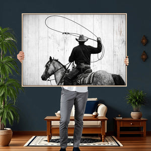 Cowboy Lasso Canvas Wall Art, Black White Western Horse