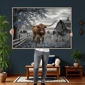 Texas Longhorn Canvas Wall Art, Rustic Farm Barn Bluebonnet