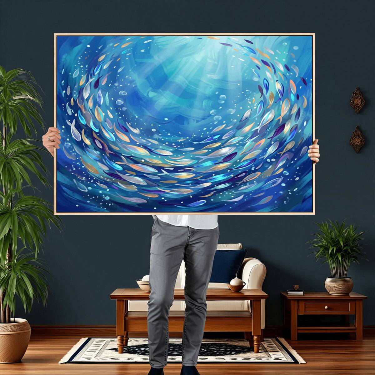 School of Fish Canvas Print | Blue Ocean Underwater Wall Art