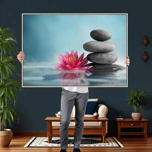 Zen Canvas Wall Art Lotus Flower Stacked Stones Teal Spa