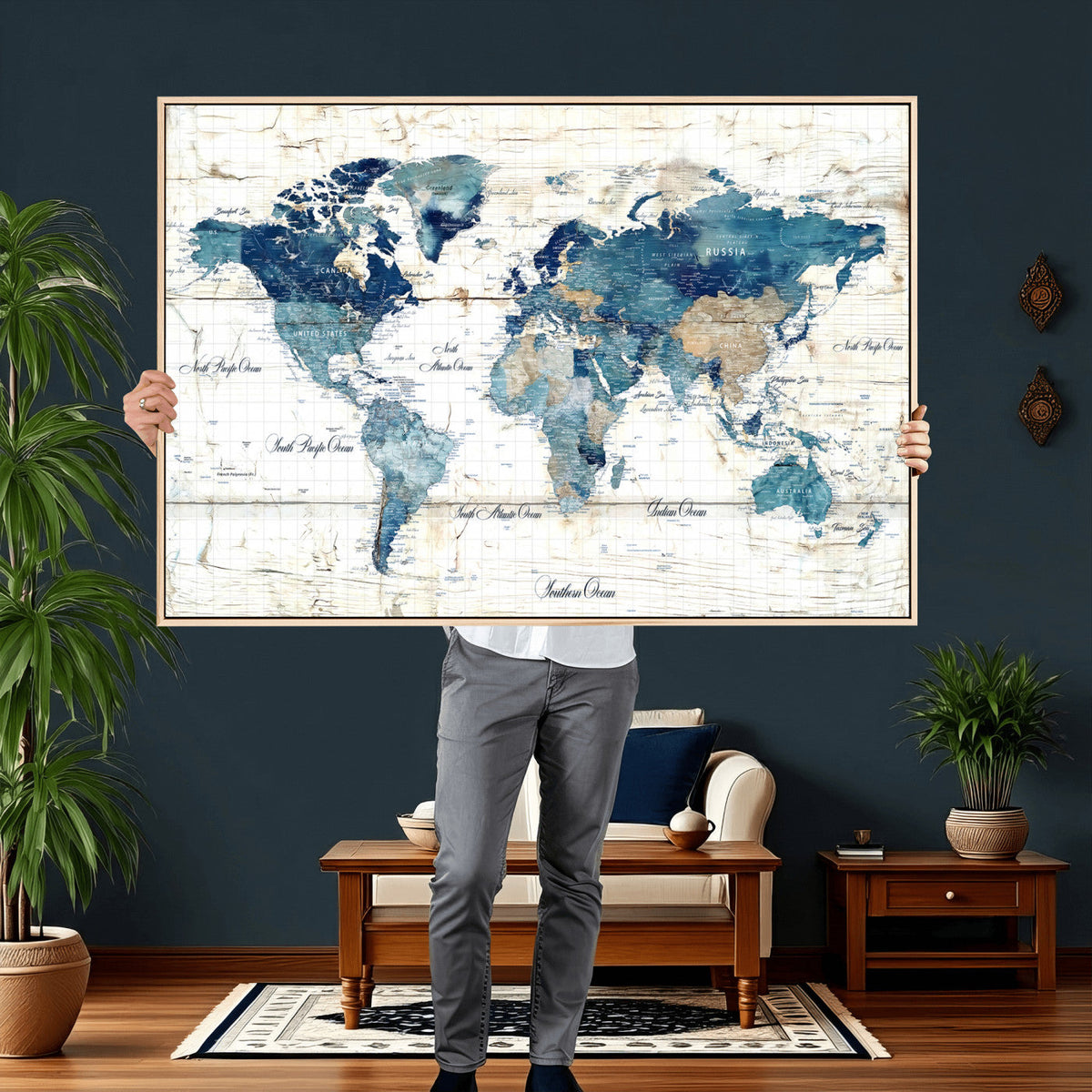 Watercolor World Map Canvas Wall Art Print – Abstract