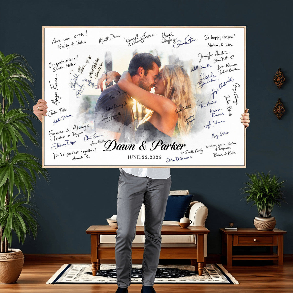 Wedding Guest Book Alternative Wall Art Canvas Print, Personalized Wedding Signature Poster, Custom Couple Photo Guestbook Canvas, Bridal Shower Reception Decor