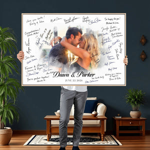 Wedding Guest Book Alternative Wall Art Canvas Print, Personalized Wedding Signature Poster, Custom Couple Photo Guestbook Canvas, Bridal Shower Reception Decor