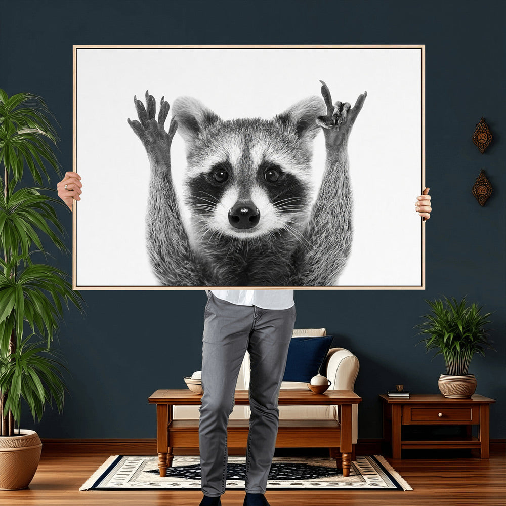 Funny Raccoon Canvas Wall Art, Black White Hands Up Animal Photo Print, Humorous Wildlife Decor, Kids Room Nursery Art, Quirky Animal Gift