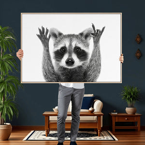 Funny Raccoon Canvas Wall Art, Black White Hands Up Animal Photo Print, Humorous Wildlife Decor, Kids Room Nursery Art, Quirky Animal Gift