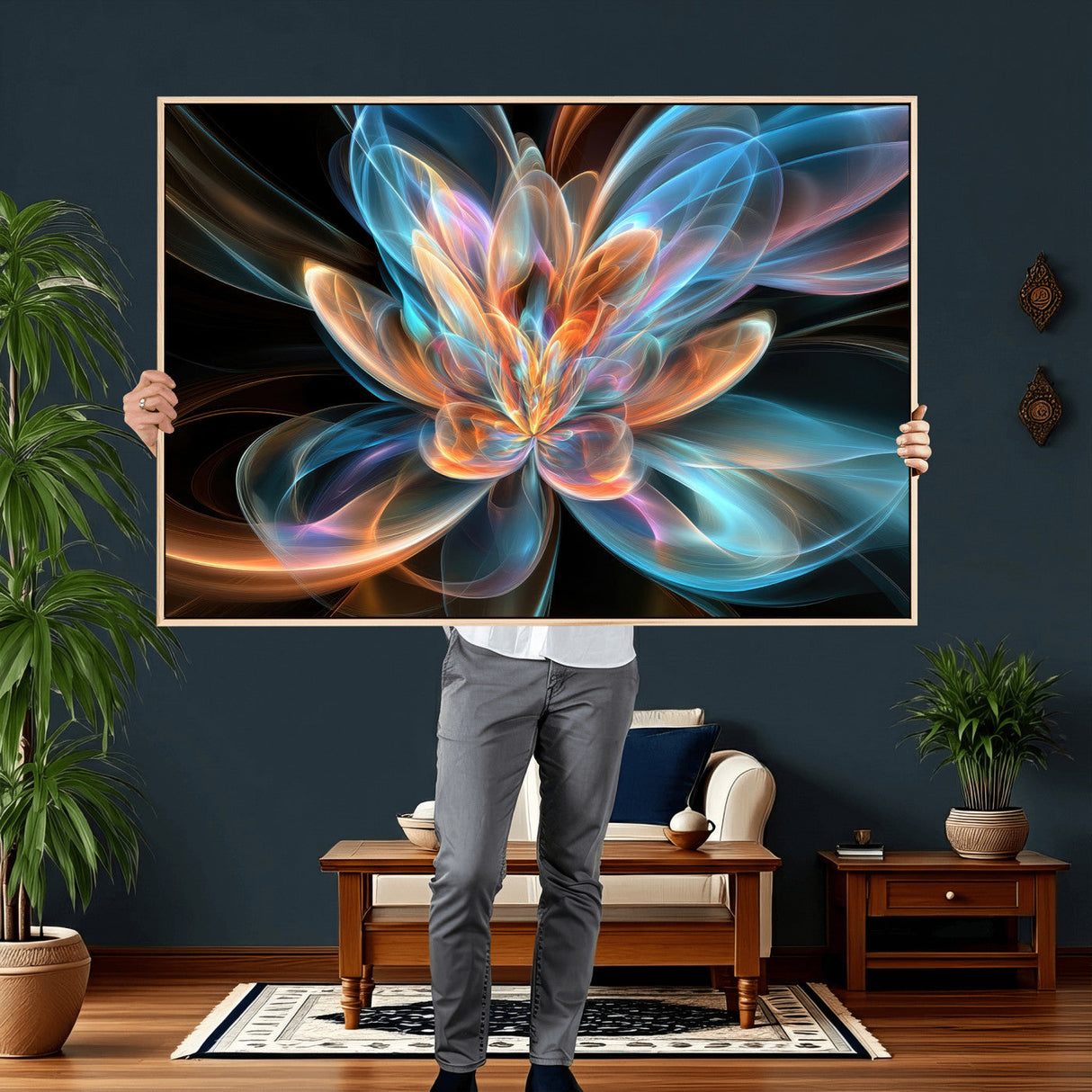 Fractal Lotus Canvas Wall Art, Blue Orange Glowing Flower Abstract Print, Modern Zen Meditation Room Decor, Ethereal Digital Art, Living Room