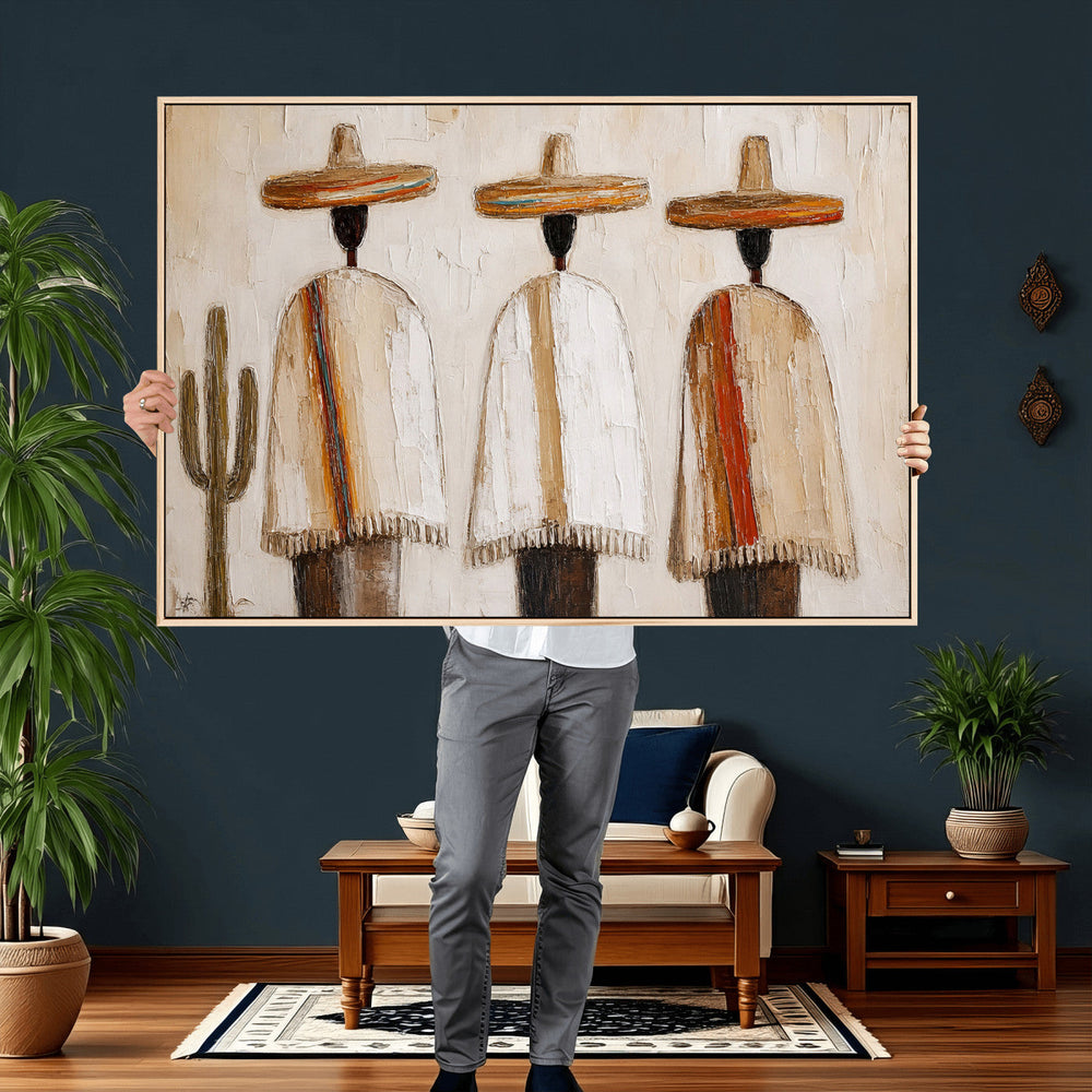 Mexican Wall Art Canvas Print, Southwestern Sombrero Poncho Painting, Neutral Earthy Boho Decor, Fiesta Living Room Art, Impasto Style Print
