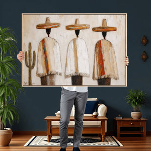 Mexican Wall Art Canvas Print, Southwestern Sombrero Poncho Painting, Neutral Earthy Boho Decor, Fiesta Living Room Art, Impasto Style Print
