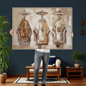 Mexican Folk Art Canvas Wall Art, Charro Poncho Sombrero Painting Print, Neutral Beige Boho Decor, Southwestern Impasto Style, Living Room Art