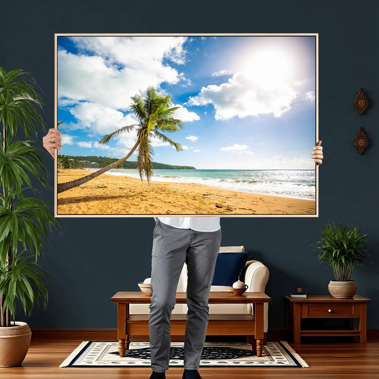 Tropical Beach Canvas Wall Art, Palm Tree Ocean Photo Print, Coastal Living Room Decor, Turquoise Sea Beach House Art, Summer Wall Art
