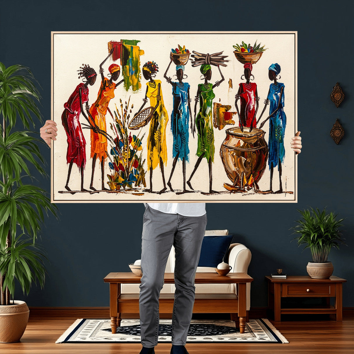 African Folk Art Canvas Wall Art, Colorful African Women Village Painting Print, Tribal Ethnic Home Decor, Vibrant African Art, Living Room