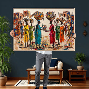 African Folk Art Canvas Wall Art, Colorful African Women Village Painting Print, Tribal Ethnic Home Decor, Vibrant African Art, Living Room