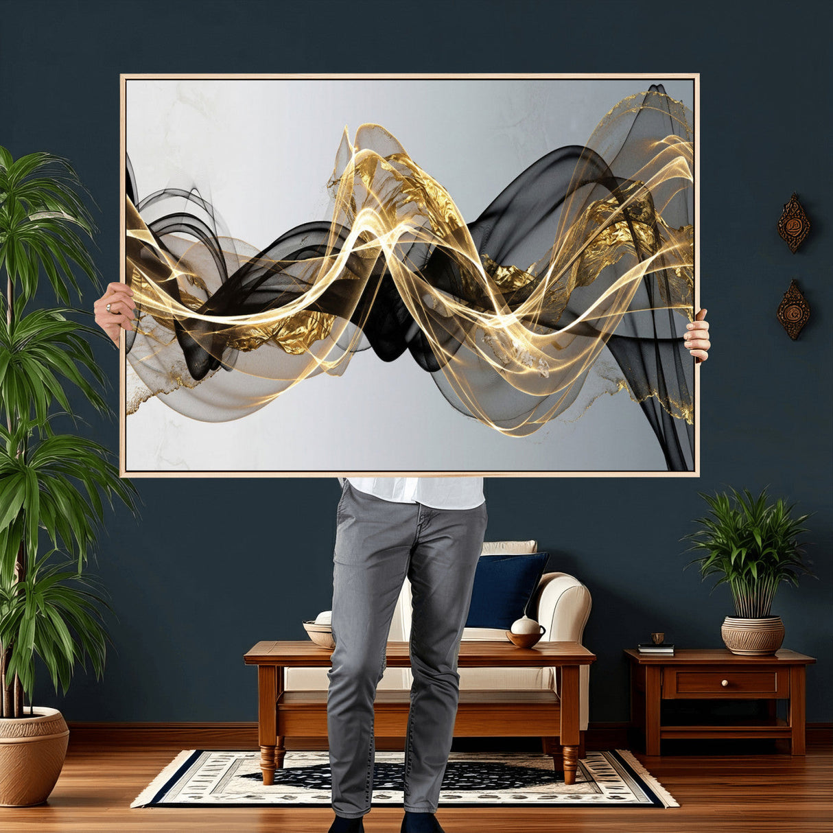 Black and Gold Abstract Wall Art, Modern Wave Canvas Print, Elegant Flowing Smoke Art, Luxury Living Room Decor