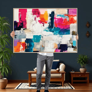 Blue Teal Abstract Canvas Wall Art, Modern Textured Painting Print, Navy Orange White Contemporary Art, Neutral Living Room Decor, Office Art
