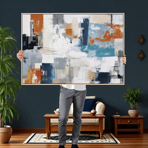 Blue Teal Abstract Canvas Wall Art, Modern Textured Painting Print, Navy Orange White Contemporary Art, Neutral Living Room Decor, Office Art