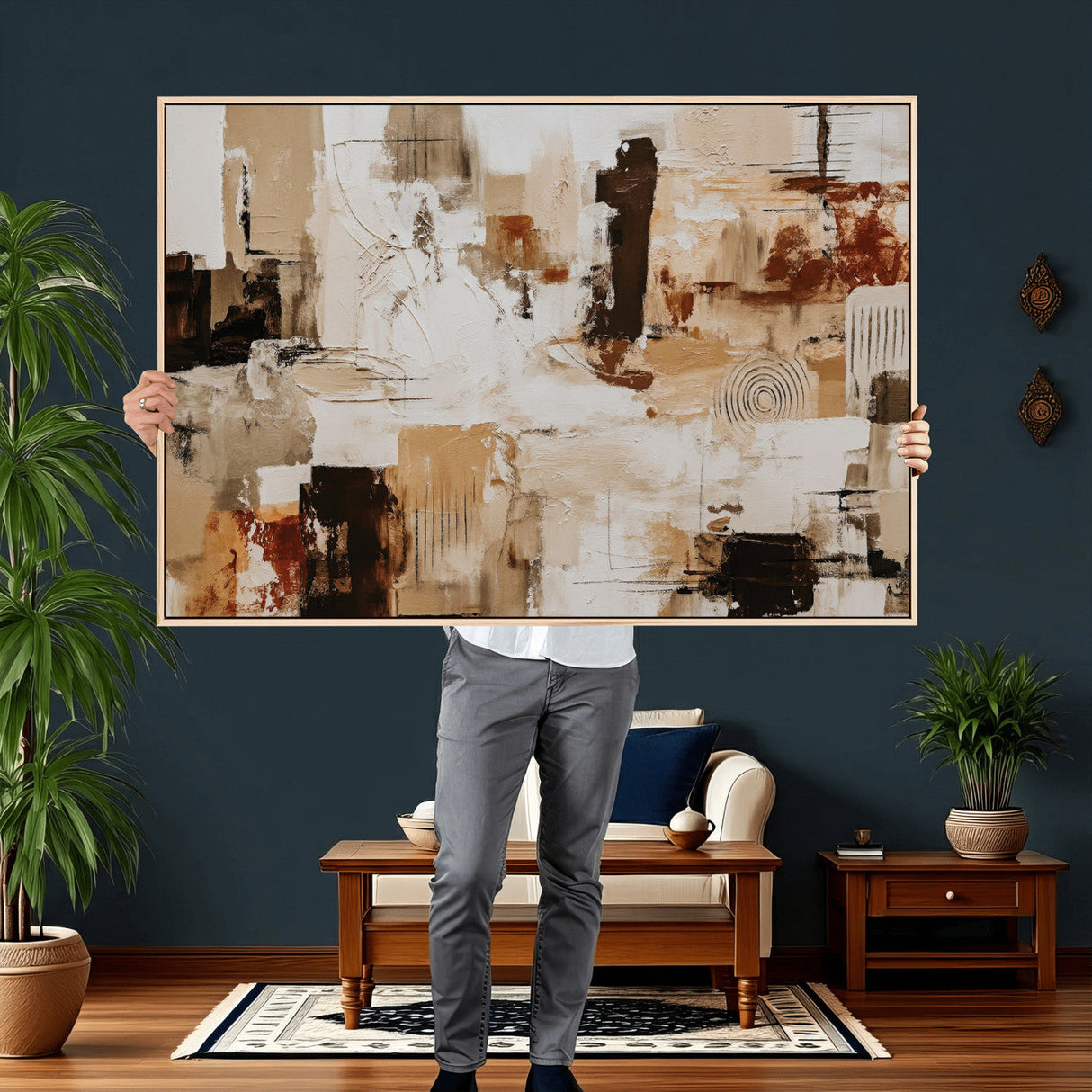 Blue Teal Abstract Canvas Wall Art, Modern Textured Painting Print, Navy Orange White Contemporary Art, Neutral Living Room Decor, Office Art