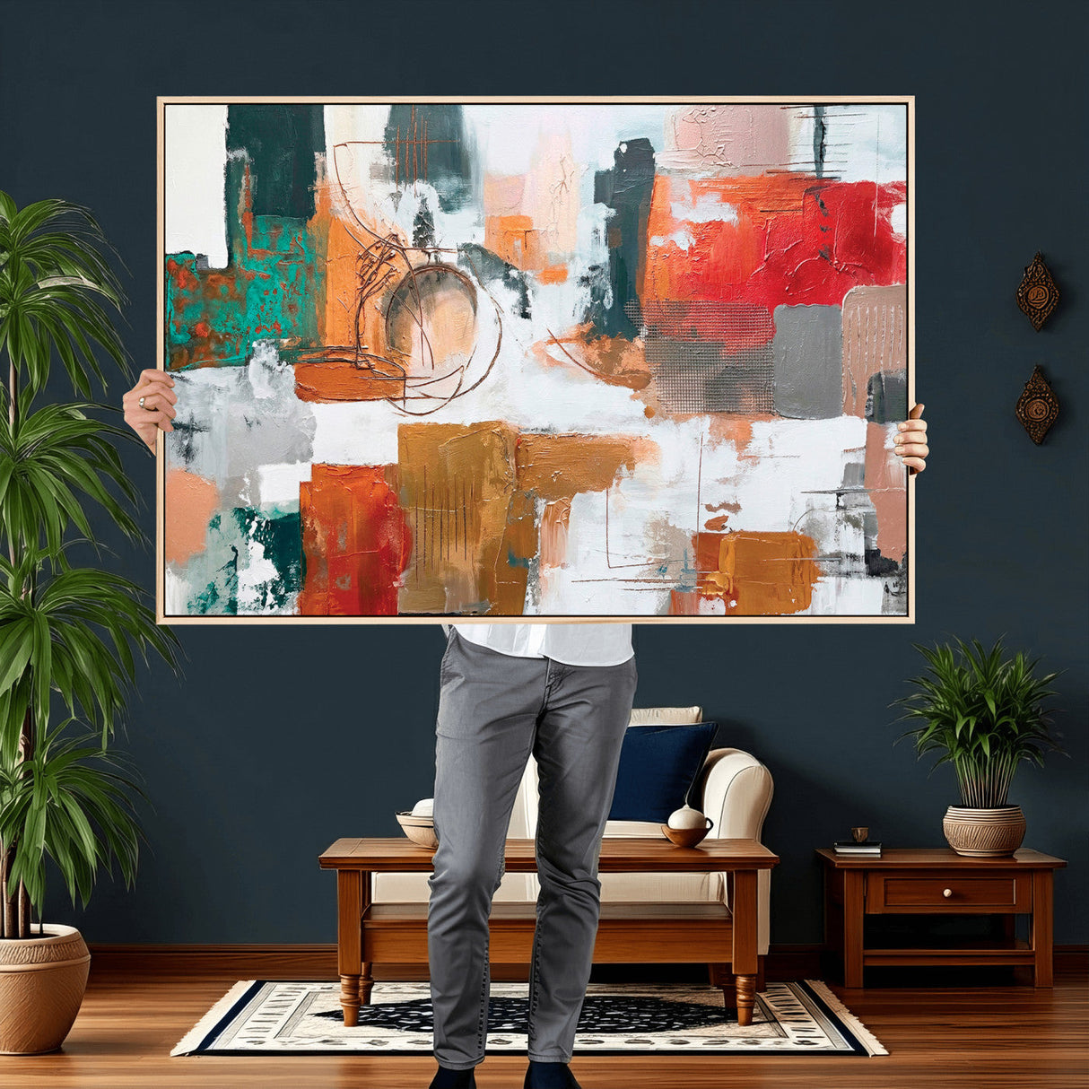 Blue Teal Abstract Canvas Wall Art, Modern Textured Painting Print, Navy Orange White Contemporary Art, Neutral Living Room Decor, Office Art