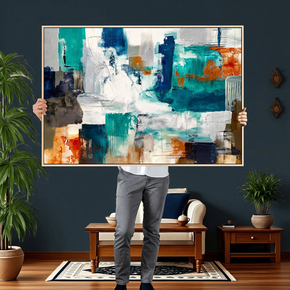 Blue Teal Abstract Canvas Wall Art, Modern Textured Painting Print, Navy Orange White Contemporary Art, Neutral Living Room Decor, Office Art