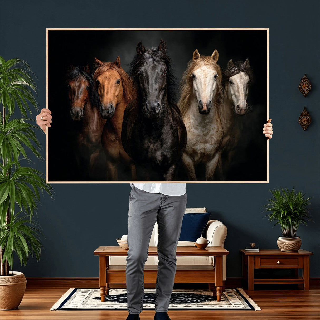 Horse Wall Art Canvas Print, Wild Horses Portrait Photography, Dramatic Equestrian Decor, Black Brown White Horse Herd, Rustic Ranch Art
