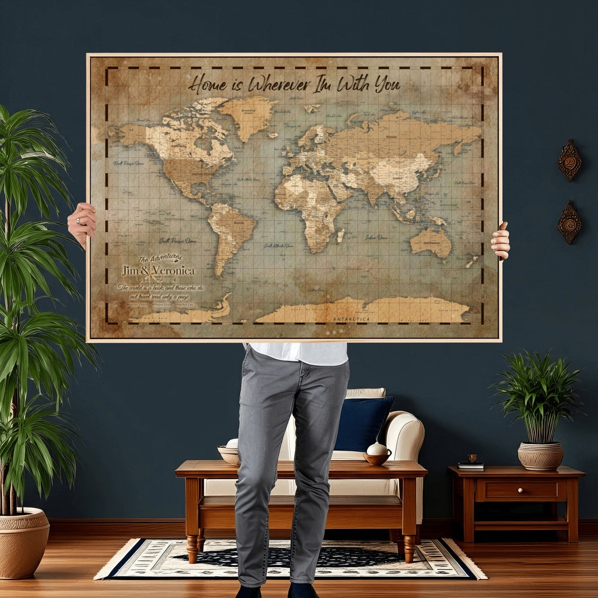 Vintage Personalized Push Pin World Map, Vintage Travel Map Canvas, Custom Names Anniversary Gift, Places Visited Pin Board, Couples Adventure Art