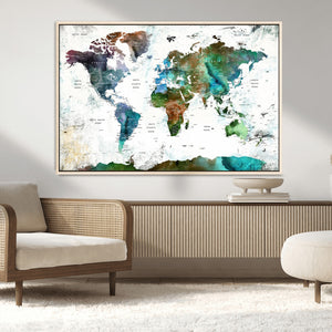 Modern Watercolor World Map Canvas Wall Art – Framed