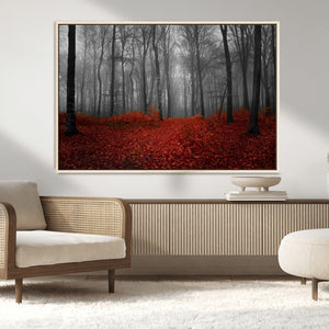 Red Forest Floor Canvas Wall Art – Mystical Foggy Woodland