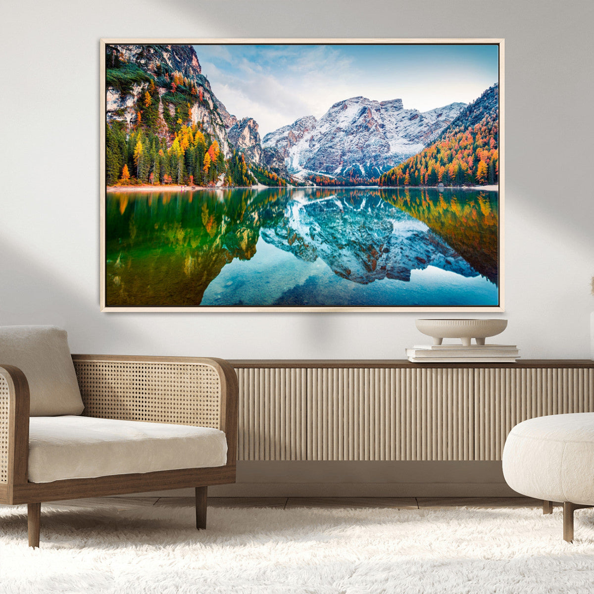 Spectacular autumn view of Braies Lake Wall Art Canvas Print