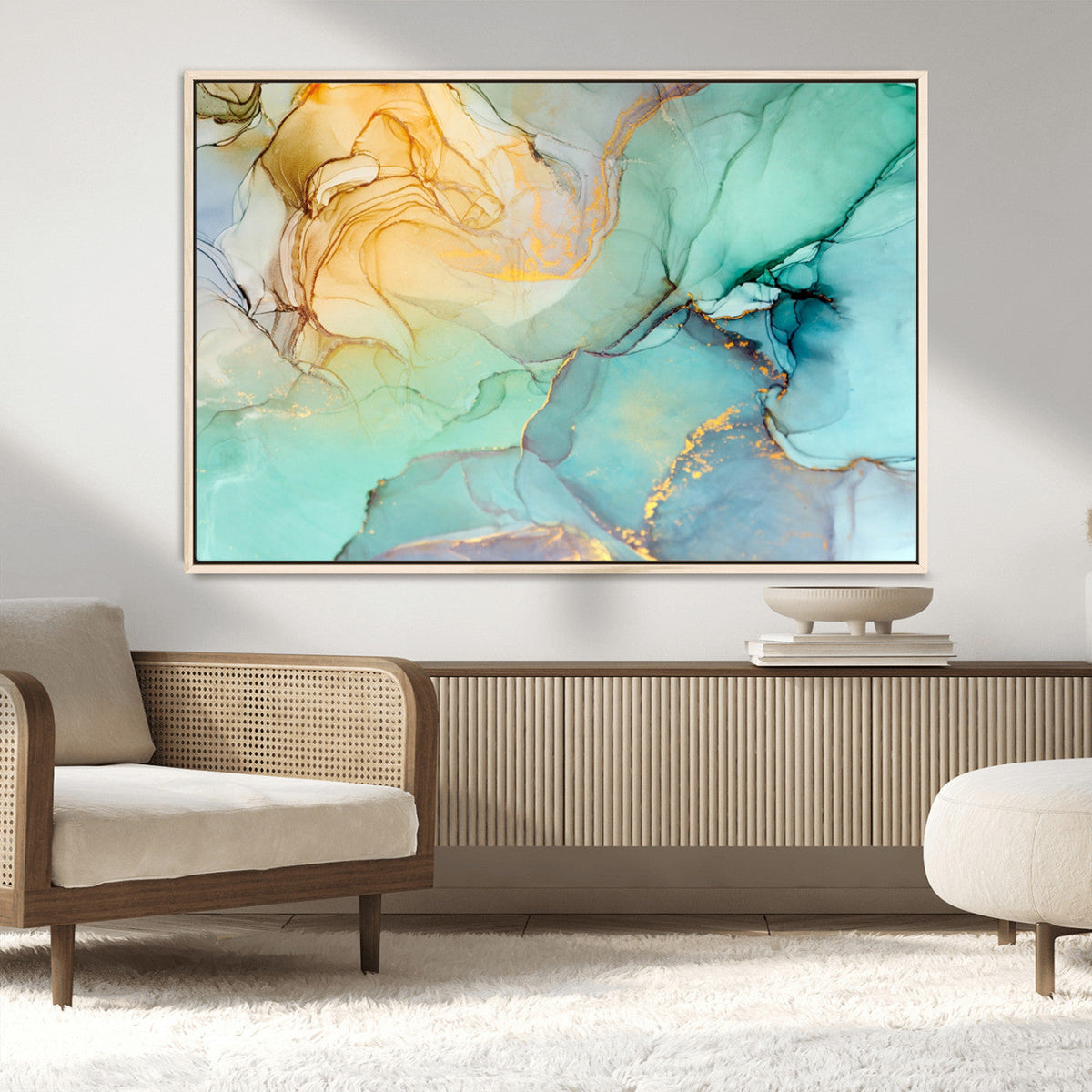 Abstract Aqua and Gold Fluid Wall Art Canvas | 3 Panel Large
